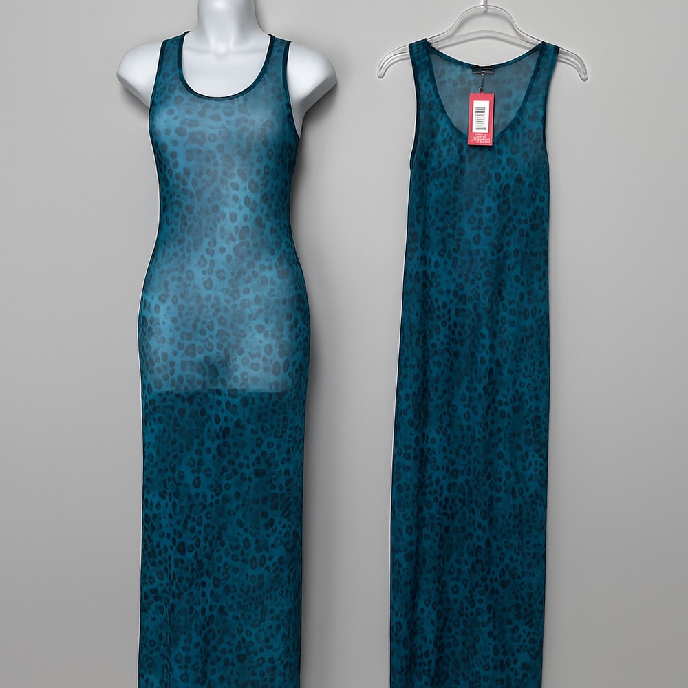 Turquoise Tropicana Racer Front Leopard Mesh Beach Dress